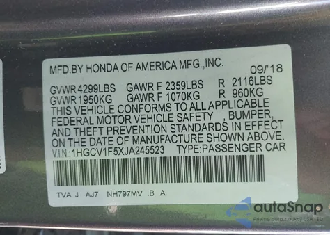 2018 Honda Accord Ex-L z USA, uszkodzony, nr VIN 1HGCV1F5XJA245523